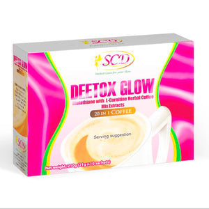 Deetox Glow 20 in 1 Coffee packets with vibrant packaging and rich coffee blend displayed on a wooden surface.