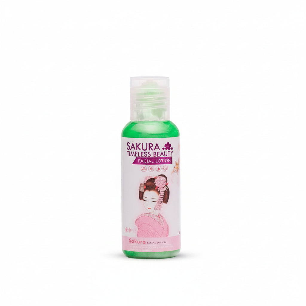 Sakura Timeless Facial Lotion by My Store in a sleek bottle with a floral design, showcasing its hydrating formula.